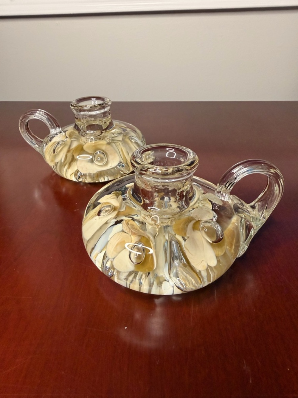 Vintage Joe St Clair Art Glass Candle Holders White/Yellow Flower Set of 2